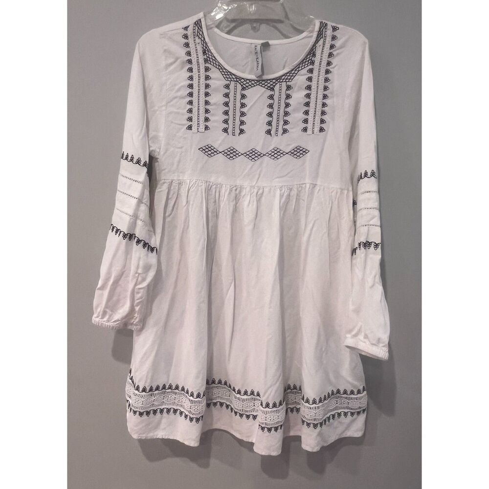 Grace + Karma Tunic Dress, Cream & Black Boho-style Embroidery, SM